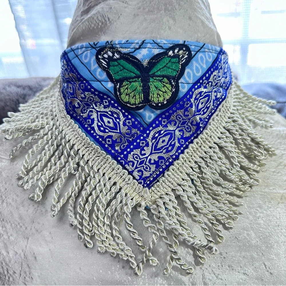 Fringe Blue Scarf, Silver Metallic Neckerchief Head Wrap 6x29 Handmade OOAK